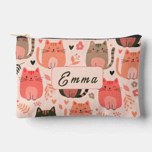 かわいい猫と花柄のカスタムモノグラムキッズ アクセサリーポーチ (正面)