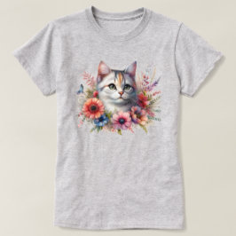 かわいい猫と花猫好き Tシャツ