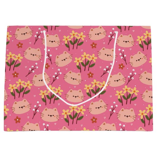 かわいい猫と花 ラージペーパーバッグ (正面)