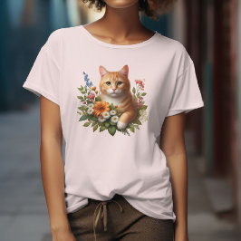 かわいい猫と花 Tシャツ