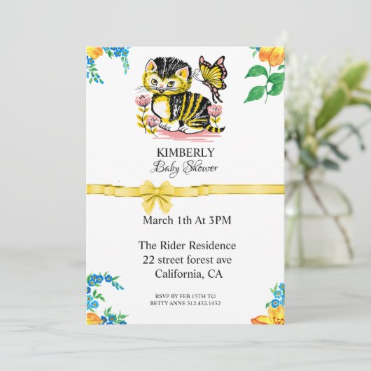 かわいい猫と蝶のベビーシャワー招待状 招待状 (スタンド正面)
