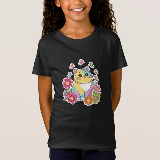 かわいい猫と蝶の庭の子供用Tシャツ Tシャツ (正面)