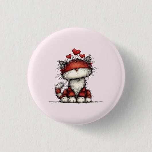 かわいい猫と赤いハートのラブリーなデザイン 缶バッジ (正面)