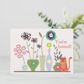 かわいい猫と鉢植え花誕生日 招待状 (スタンド正面)
