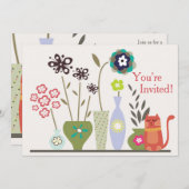 かわいい猫と鉢植え花誕生日 招待状 (正面/裏面)