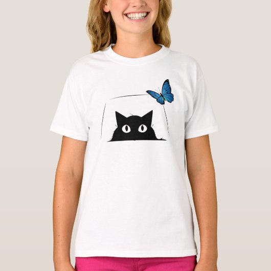 かわいい猫と青い蝶 Tシャツ (正面)