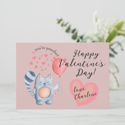 かわいい猫と風船のバレンタインデー シーズンカード (スタンド正面)