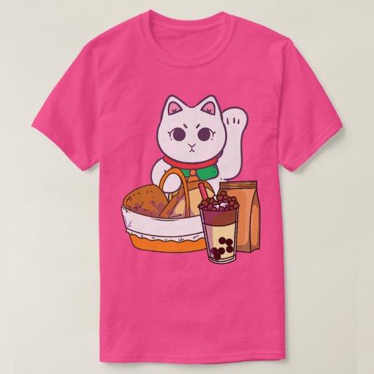 かわいい猫と食べ物ボバブルティーネコアニメCu Tシャツ (デザイン正面)