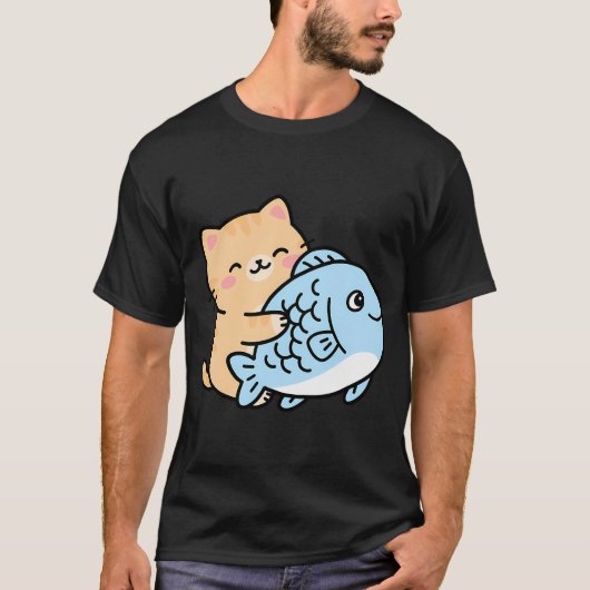 かわいい猫と魚のキャラクター Tシャツ (正面)