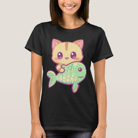 かわいい猫と魚 Tシャツ (正面)