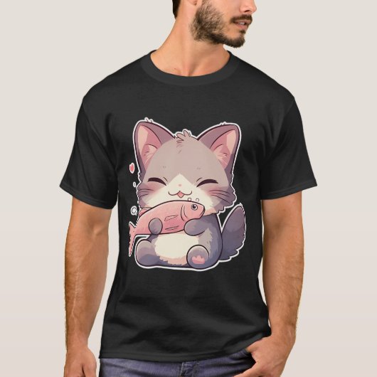 かわいい猫と魚 Tシャツ (正面)