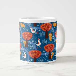かわいい猫と鳥の柄 ジャンボコーヒーマグカップ