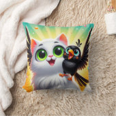 かわいい猫と鳥 クッション (ブランケット)
