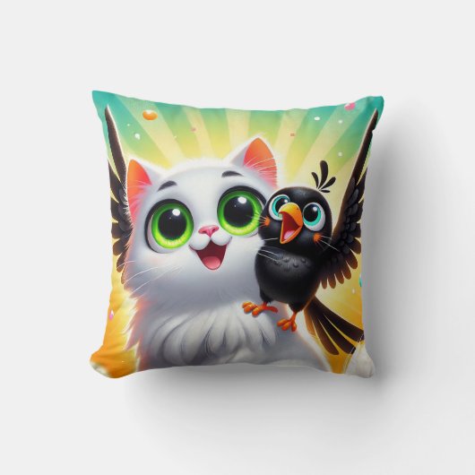 かわいい猫と鳥 クッション (正面)
