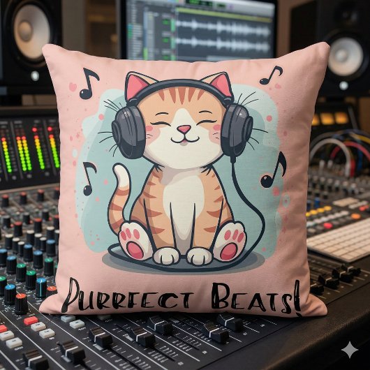かわいい猫にヘッドホン　カワイイ音楽好きアート クッション