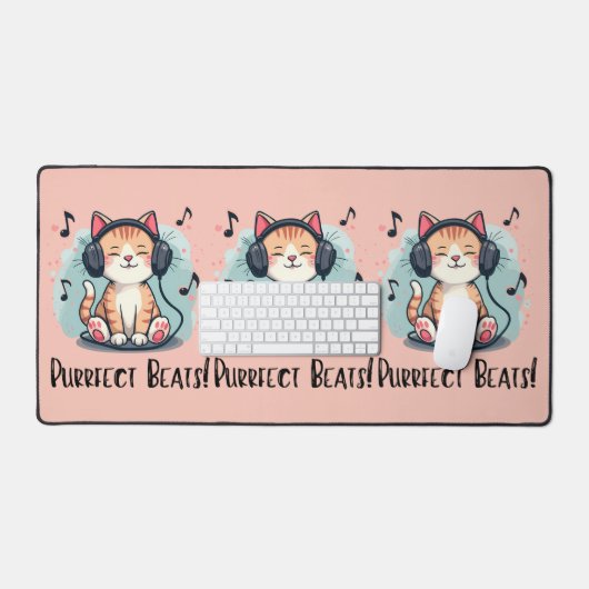 かわいい猫にヘッドホン カワイイ音楽好きアート デスクマット (キーボード&マウス)