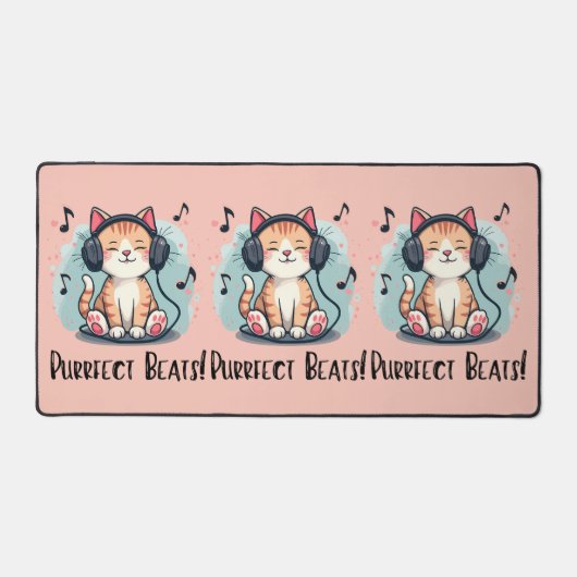 かわいい猫にヘッドホン カワイイ音楽好きアート デスクマット (正面)