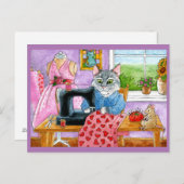 かわいい猫ねずみ取り裁縫葉書 ポストカード (正面/裏面)