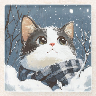 かわいい猫のあったか冬の雪 ガラスコースター