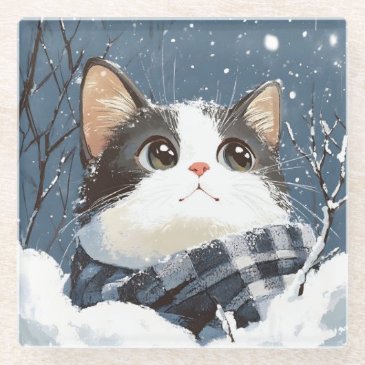 かわいい猫のあったか冬の雪 ガラスコースター (正面)