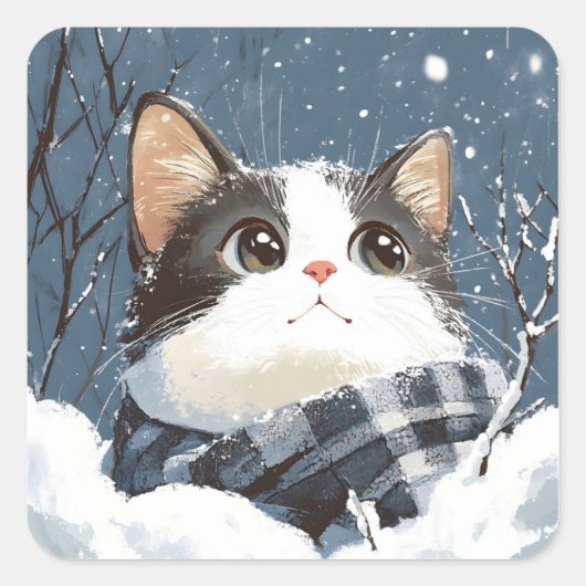 かわいい猫のあったか冬の雪 スクエアシール (正面)