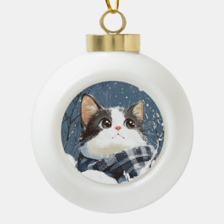 かわいい猫のあったか冬の雪 セラミックボールオーナメント