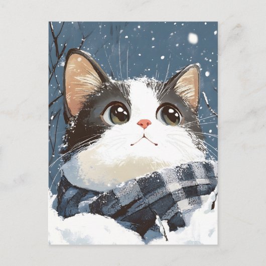 かわいい猫のあったか冬の雪 ポストカード (正面)