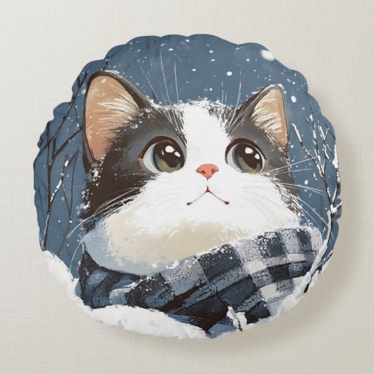 かわいい猫のあったか冬の雪 ラウンドクッション (正面)
