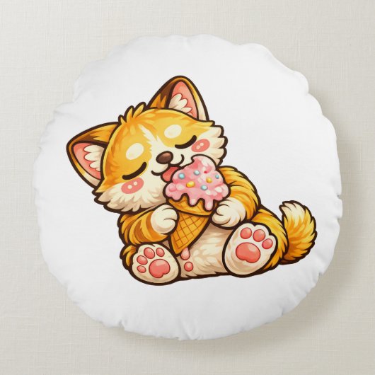 かわいい猫のアイスクリーム ラウンドクッション (正面)