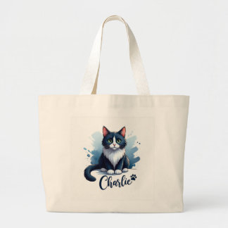 かわいい猫のイラストが描かれたラージトートバッグ - 猫好きへのギフト ラージトートバッグ