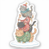 かわいい猫のイラストアート、かわいい猫の積み重ねデザイン シール (正面)