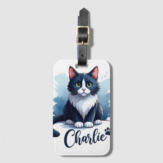 かわいい猫のイラスト付きトラベルタグ - 猫好きへのギフト ラゲッジタグ (正面縦)