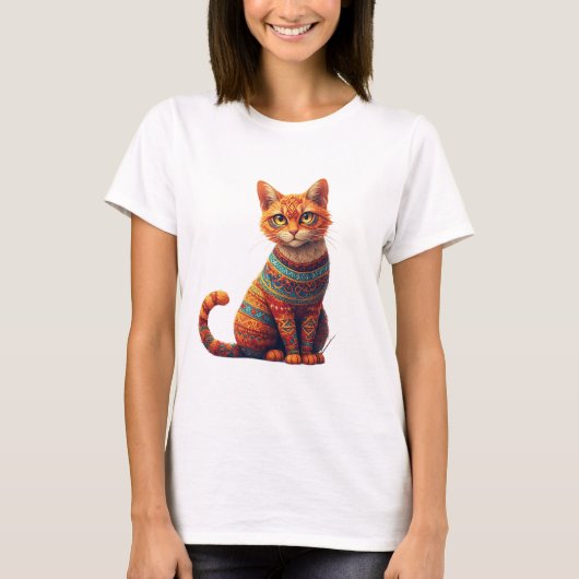 かわいい猫のイラスト(民俗芸術スタイル) Tシャツ (正面)
