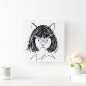 かわいい猫のウィッグ (スタイル7) ファインアート スクエア壁時計 (ホーム)