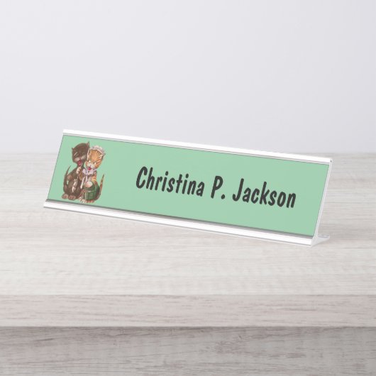 かわいい猫のオスとメス共有ラットミントグリーン デスクネームプレート (正面)