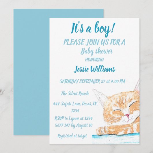 かわいい猫のキティ子猫ブルー動物の赤ちゃん男の子 招待状 (正面/裏面)
