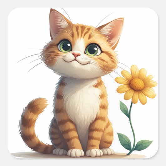 かわいい猫のキャラクターと花 喜び 🌷 スクエアシール (正面)