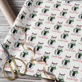 かわいい猫のキャラクタークリスマス+子供の名前 ラッピングペーパー