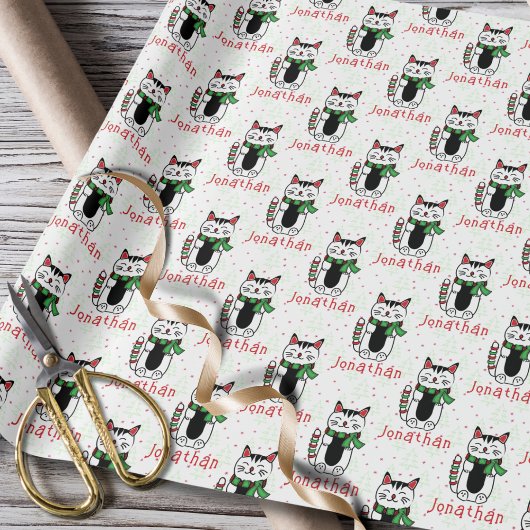 かわいい猫のキャラクタークリスマス+子供の名前 ラッピングペーパー