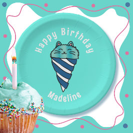 かわいい猫のキャラクター　ブルーアイスクリームコーン　誕生日 ペーパープレート