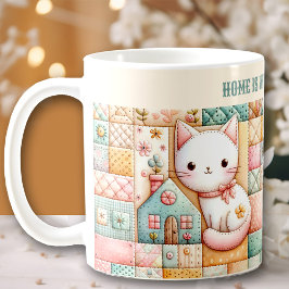 かわいい猫のキルトパッチワークパステル カスタムネーム コーヒーマグカップ