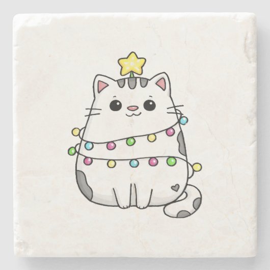 かわいい猫のクリスマスデザイン ストーンコースター (正面)