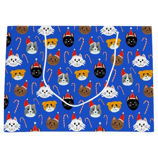 かわいい猫のクリスマスパターン（の模様が）ある ラージペーパーバッグ (正面)
