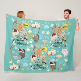 かわいい猫のクリスマスパターン 肉球、雪の結晶の模様入りテキスト フリースブランケット
