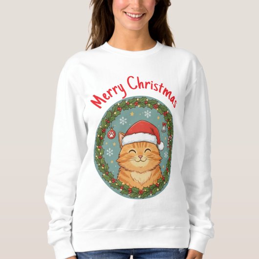 かわいい猫のクリスマスリース スウェットシャツ (正面)
