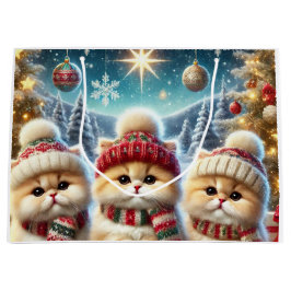 かわいい猫のクリスマス飾りと雪 ラージペーパーバッグ
