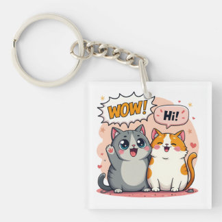 かわいい猫のコミックが「Wow」と「Hi」を言っているキーチェーン キーホルダー