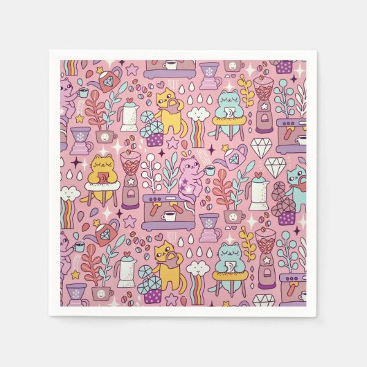 かわいい猫のコレクションonピンク スタンダードカクテルナプキン (正面)