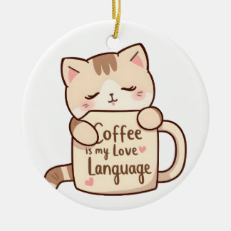 かわいい猫のコーヒー愛の言葉 セラミックオーナメント