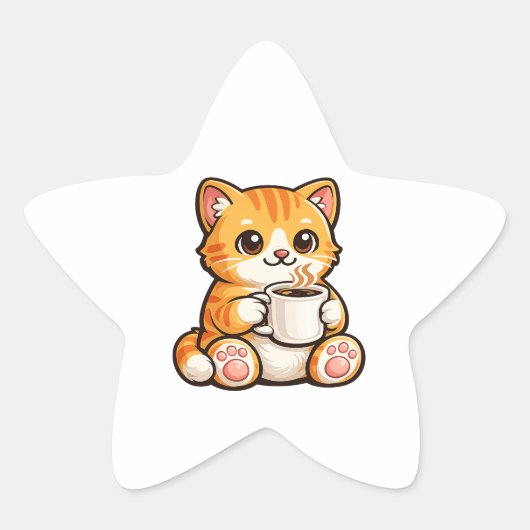 かわいい猫のコーヒー – ほっこりオレンジの猫がコーヒーを飲む 星シール (正面)